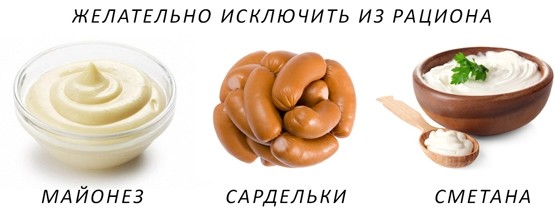 Из-за большого количества жиров желательно исключить майонез, сардельки